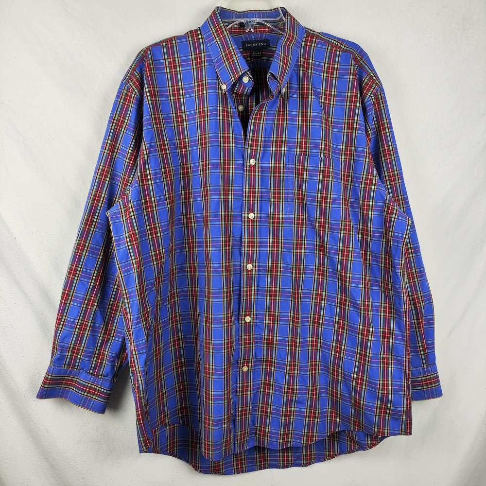 Lands' End Shirt Mens 17.5 34/35 Blue Plaid Non Iron Classic Fit Dress Cotton